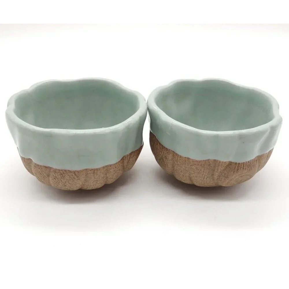2 Small Celadon Flower Bloom Two-Tone Ceramic Bowls
